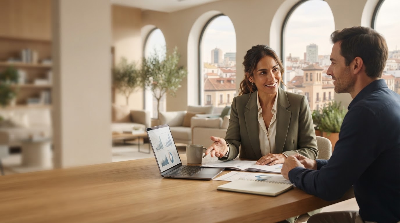 Dinamico Luxeron — espacio de trabajo cálido con una tablet mostrando un panel de datos sencillo